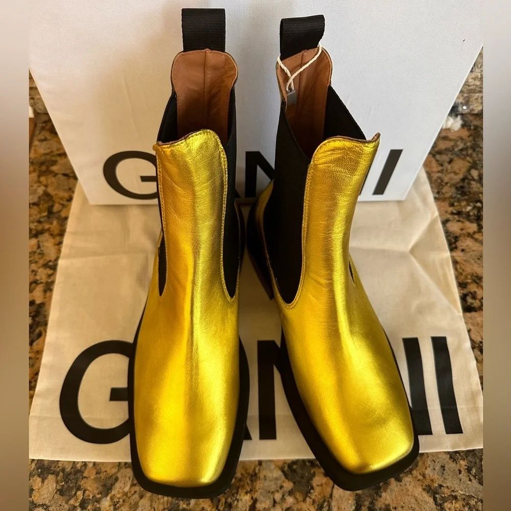 Ganni Gold Metallic Chelsea Ankle Boots